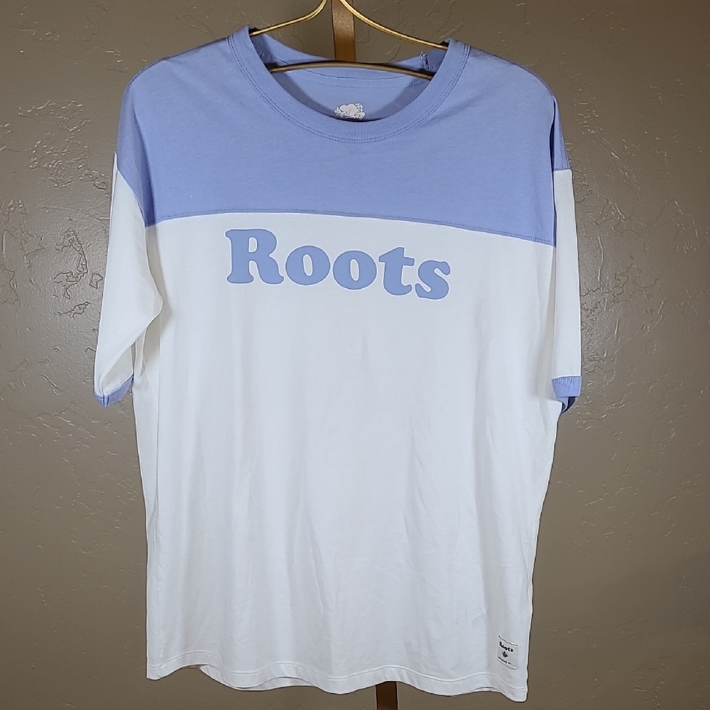 Roots Cream (White?) & Blue Colorblock Logo Tee Size S 100%‎ Cotton